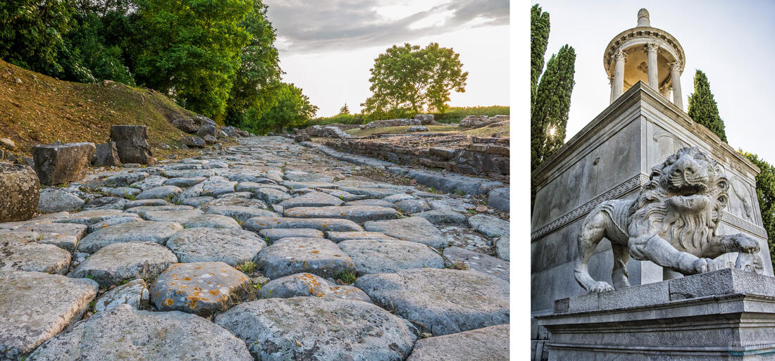 Naľavo decumanus - východo-západne orientovaná cesta, ktorú dala postaviť Aratria Galla, napravo mausoleum Candia v Aquilei