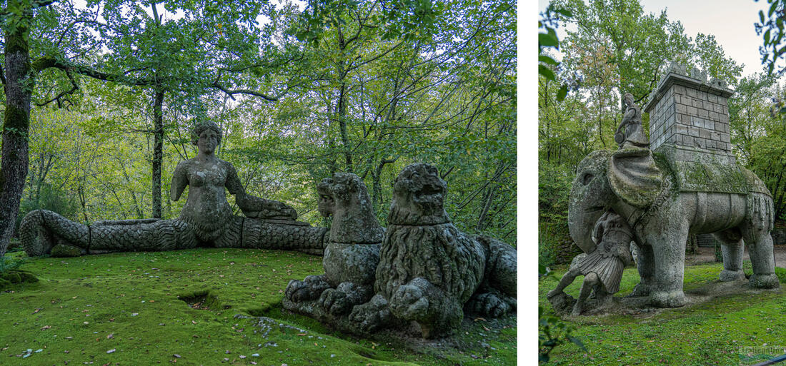 Morská panna Echidna s dvoma levmi, Hannibalov slon drví rímskeho legionára, park Bomarzo