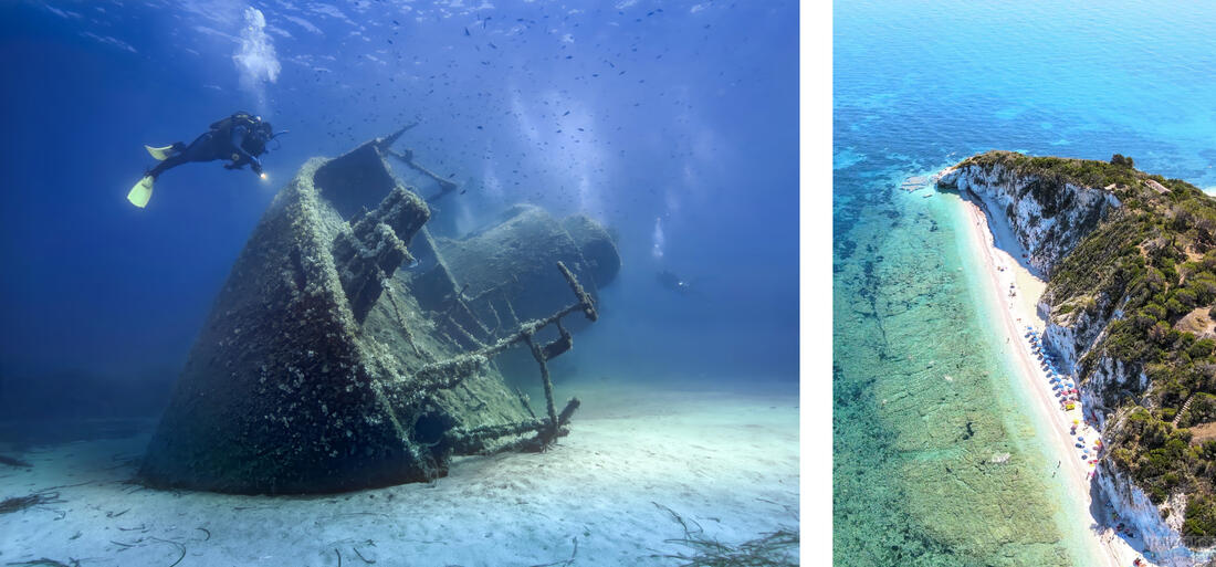 Potápěči přezkoumávající vrak u pobřeží Elby, pláž Padulella - Portoferraio, Elba