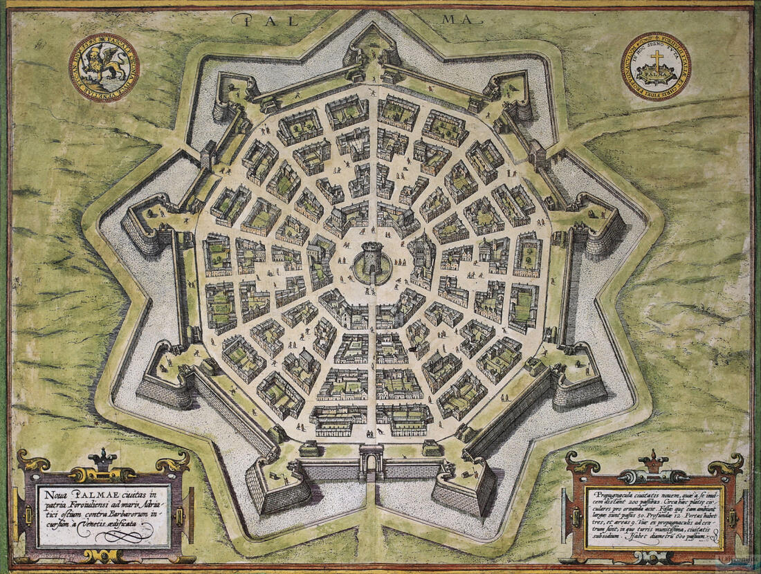 Palmanova - mestský plán, Frans Hogenberg, 1578, súčasť atlasu miest Civitates Orbis Terrarum