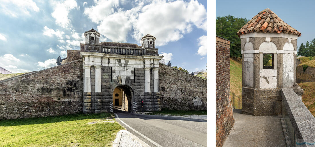 Porta Cividale - jedna z troch brán opevneného mesta Palmanova, napravo detail strážnej veže Porty Cividale