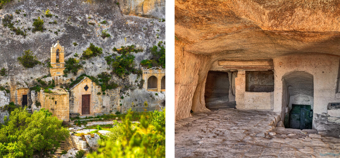 Matera - nalevo vchod do kostela Chiesa Rupestre di Cristo La Selva, napravo interiér 