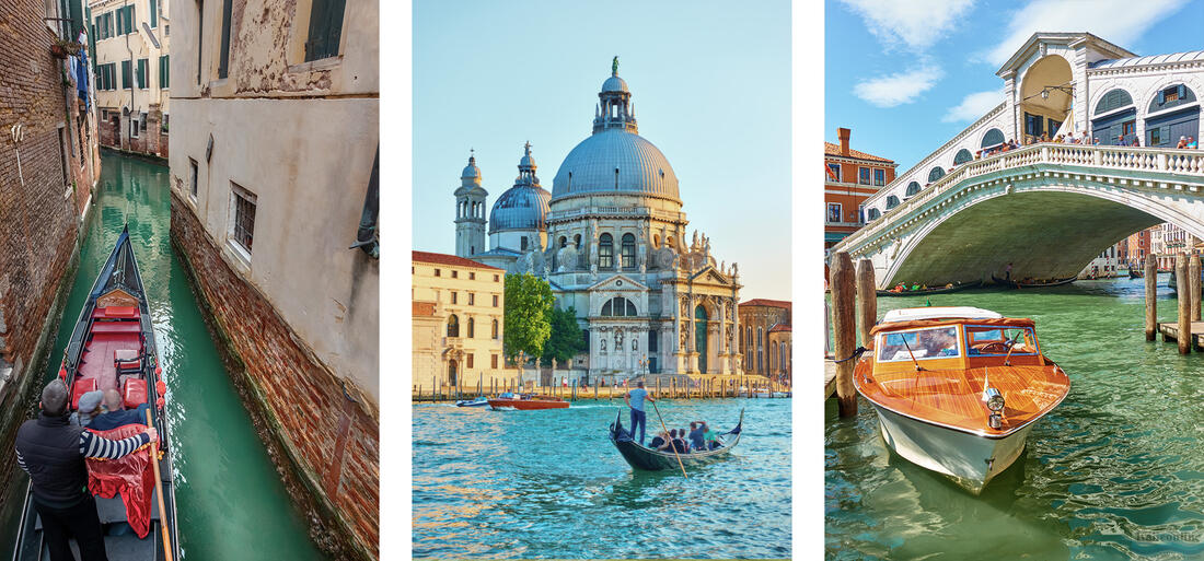 Gondoliér v úzkej uličke, Gondola pred kostolom Santa Maria della Salute, vodné taxi zaparkované pred mostom Rialto, Benátky