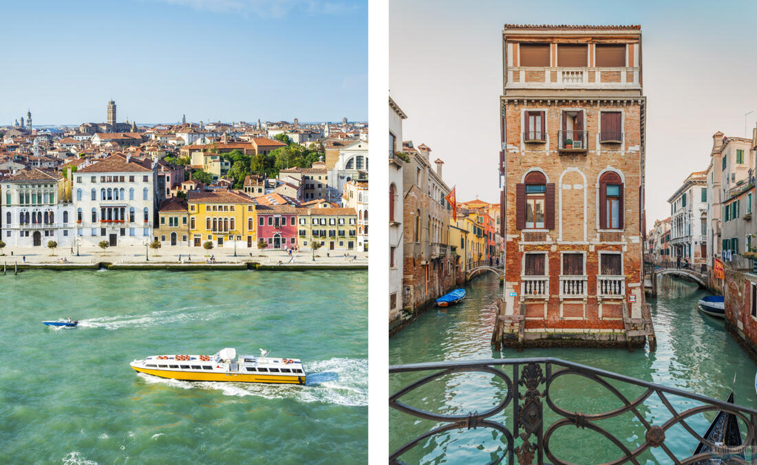 Vodný autobus Vaporetto sa plaví po Canal Grande, Palazzo Tetta, Benátky