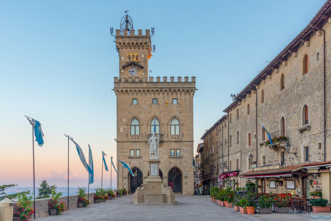 San Marino - Statua della Libertà in front of Palazzo Pubblico on Piazza della Libertà