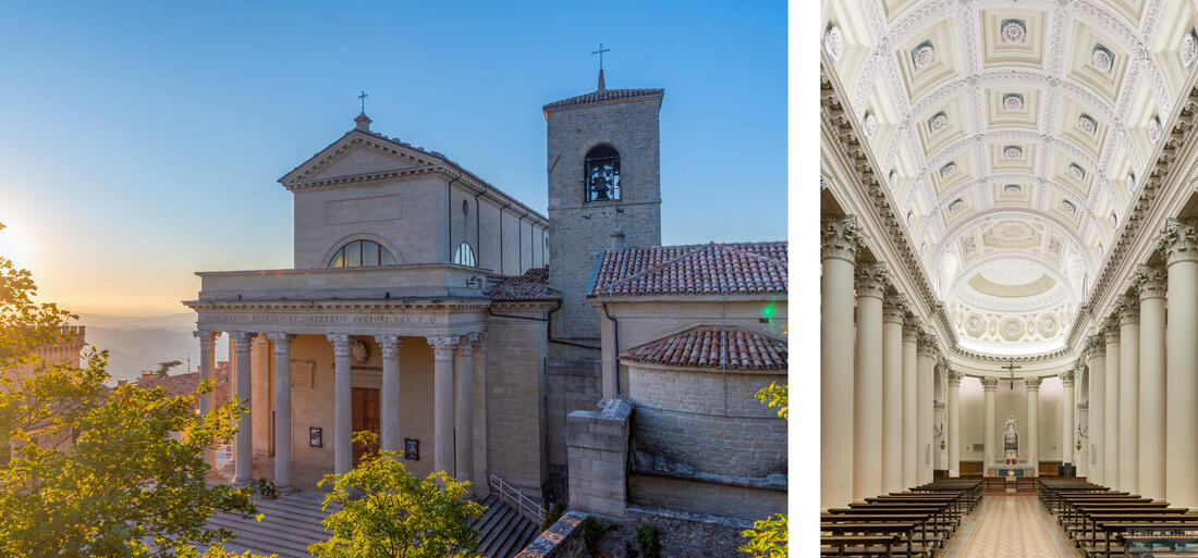 Basilica di San Marino pri západe slnka, napravo interiér baziliky